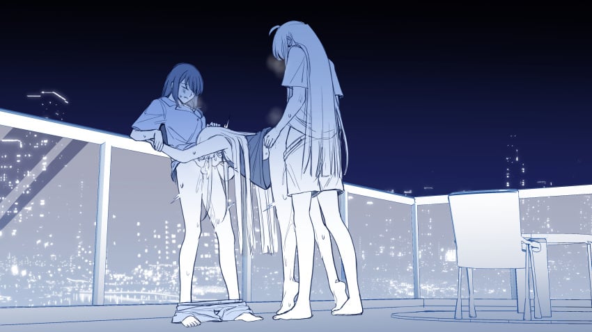 3girls absurdres against_railing ahoge balcony barefoot bent_over blush chair cho_kaguya-hime! cityscape closed_eyes fdd_threesome fellatio futa_with_female futanari group_sex hand_on_another's_head hand_on_another's_hip heavy_breathing highres hinagi_(fox_priest) holding_another's_wrist kaguya_(cho_kaguya-hime!) long_hair medium_hair monochrome multiple_girls oral parted_lips penis railing runami_yachiyo sakayori_iroha selfcest sex sex_from_behind short_sleeves spitroast standing_doggystyle sweat table testicles threesome tiptoes very_long_hair