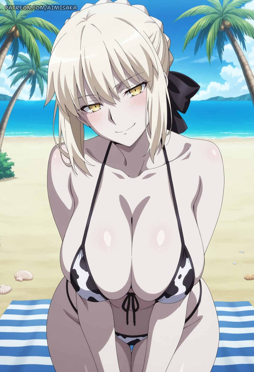 1girl ai_generated aimisaka alternate_breast_size alternate_costume animal_print artoria_pendragon_(alter) bare_shoulders beach beach_mat beach_towel bikini black_bow black_ribbon blonde_hair blue_sky blush braid breasts cleavage closed_mouth collarbone cow_print cow_print_bikini day fate/grand_order fate_(series) french_braid hair_bun hair_ribbon large_breasts long_hair looking_at_viewer navel ocean outdoors pale_skin palm_tree patreon_url patreon_username print_bikini ribbon saber_alter shore short_hair sidelocks sky smile solo swimsuit thighs towel tree watermark white_bikini white_skin yellow_eyes