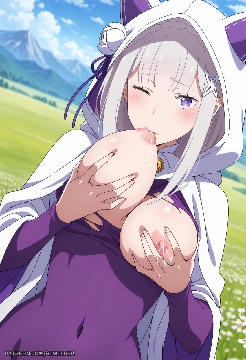 1girl ai_generated aimisaka animal_hood blunt_bangs blush braid breast_sucking breasts breasts_out cat_hood cloak covered_navel crown_braid day dress dutch_angle emilia_(re:zero) fake_animal_ears field flower flower_field grabbing_own_breast grey_hair hair_flower hair_ornament hair_ribbon hood hood_up hooded_cloak lactation large_breasts long_hair long_sleeves looking_at_viewer mountain mountainous_horizon nipples one_eye_closed outdoors patreon_url patreon_username pointy_ears purple_dress purple_eyes purple_ribbon re:zero_kara_hajimeru_isekai_seikatsu ribbon sky solo torn_clothes torn_dress upper_body watermark web_address white_flower white_hair white_rose x_hair_ornament