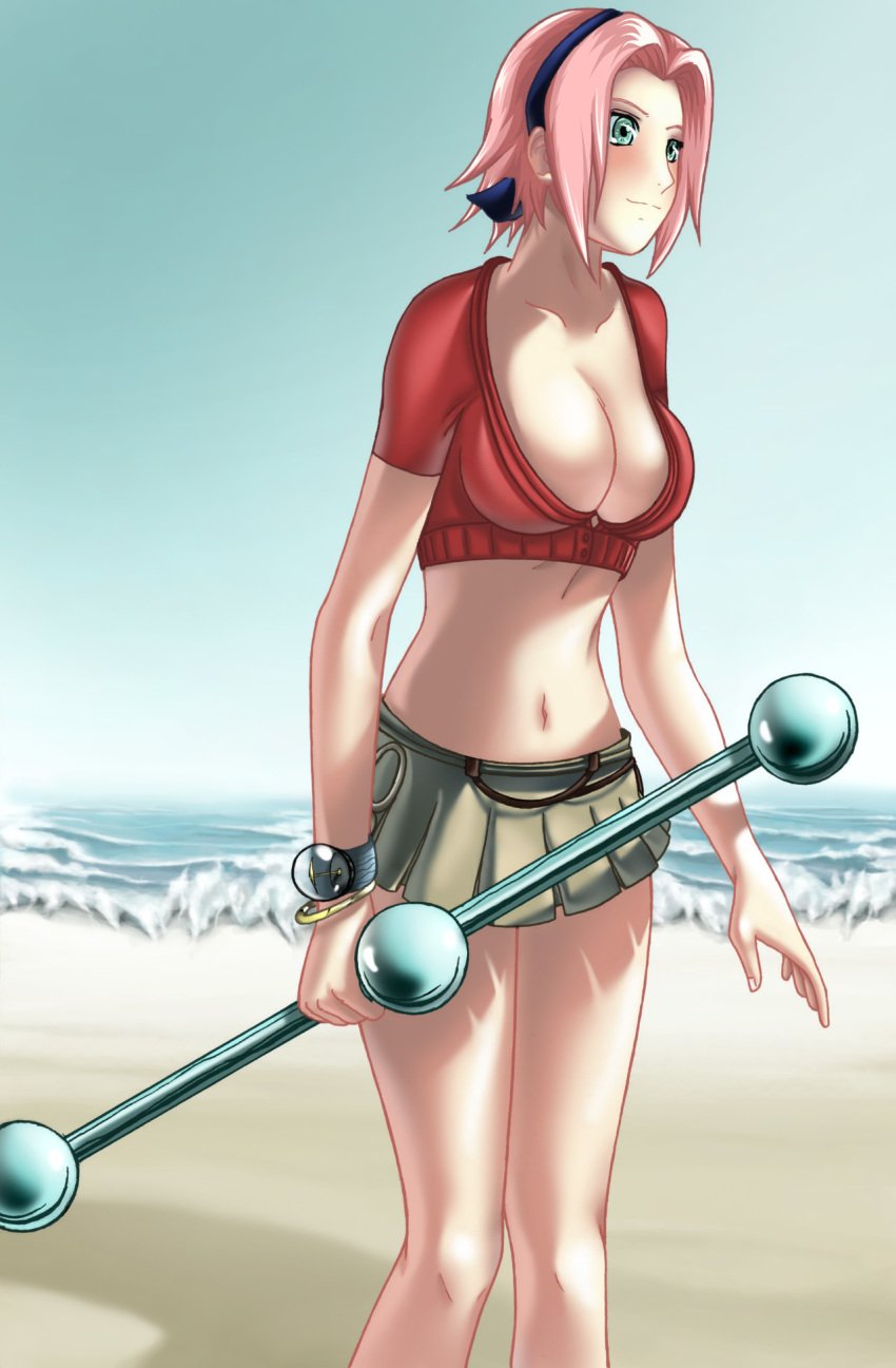 1girls bare_legs beach blue_background blush bracelet breasts cleavage clima-tact cosplay crossover female female_only fingers green_eyes hips large_breasts legs log_pose looking_away miniskirt nami_(one_piece)_(cosplay) naruto naruto_(classic) one_piece pink_hair sakura_haruno short_hair sky smile solo staff standing stomach water