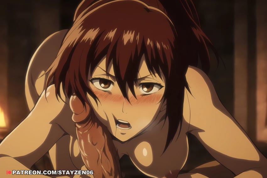 1boy 1girl ai ai_art ai_generated all_fours anime_coloring blush breasts brown_eyes brown_hair cheek_press completely_nude erection hair_between_eyes hetero indoors large_breasts looking_at_viewer medium_breasts nipples nude open_mouth penis penis_on_face ponytail pov saliva sasha_braus shingeki_no_kyojin solo_focus uncensored veins veiny_penis