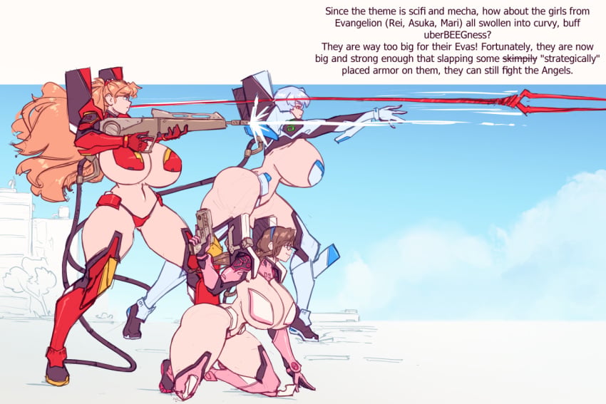 3girls armor ass asuka_langley_sohryu big_breasts breasts color curvy duo eva_00 eva_02 evangelion:_2.0_you_can_(not)_advance female female_focus female_only gigantic_breasts glasses gun highres hourglass_figure huge_boobs huge_breasts hyper hyper_ass hyper_breasts lance_of_longinus large_breasts light-skinned_female light_skin looking_at_viewer makinami_mari_illustrious mari_illustrious_makinami mecha_musume n647 neon_genesis_evangelion nipple_bulge pasties rei_ayanami revealing_clothes skimpy skimpy_armor skimpy_clothes staff standing thick_thighs voluptuous wide_hips