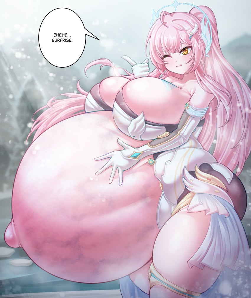 aemeath_(wuthering_waves) blush cleavage curvy from_side gigantic_belly hand_on_belly hyper_pregnancy licking_lips looking_at_viewer one_eye_closed pregnant surprise thick_thighs veiny_belly voluptuous wide_hips wuthering_waves
