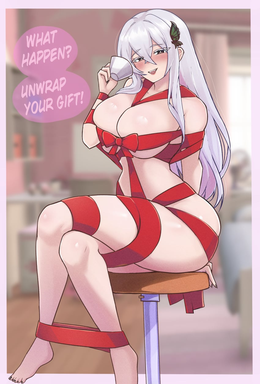 1girls ass big_ass big_breasts black_eyes breasts breasts_bigger_than_headcompletely_nude butterfly_hair_ornament completely_nude completely_nude_female curvy curvy_body curvy_female echidna_(re:zero) eyelashes female female_only gift gift_wrapped horny horny_female huge_breasts large_breasts long_hair looking_at_viewer milf milf_body navel nude nude_female re:zero_kara_hajimeru_isekai_seikatsu red_ribbon smile smiling smiling_at_viewer soveno thick thick_ass thick_legs thick_thighs thighs toned_stomach voluptuous voluptuous_body voluptuous_female white_eyelashes white_hair wrapped