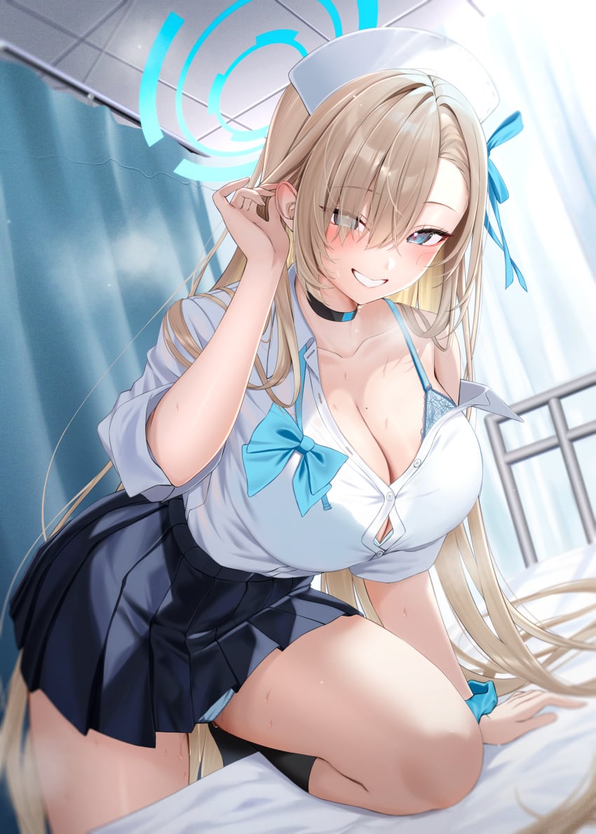 1girl absurdres aqua_halo aqua_scrunchie asuna_(blue_archive) asuna_(school_uniform)_(blue_archive) bed black_skirt black_socks blonde_hair blue_archive blue_bra blue_eyes blush bra breasts cleavage commentary_request eyes_visible_through_hair grin hair_over_one_eye halo hand_up highres kunimine_yuzuki large_breasts long_hair nurse off_shoulder panties partially_unbuttoned pleated_skirt pussy_juice pussy_juice_drip_through_clothes scrunchie shirt shirt_tucked_in single_bare_shoulder skirt smile socks solo sweat thighs underwear white_shirt wrist_scrunchie