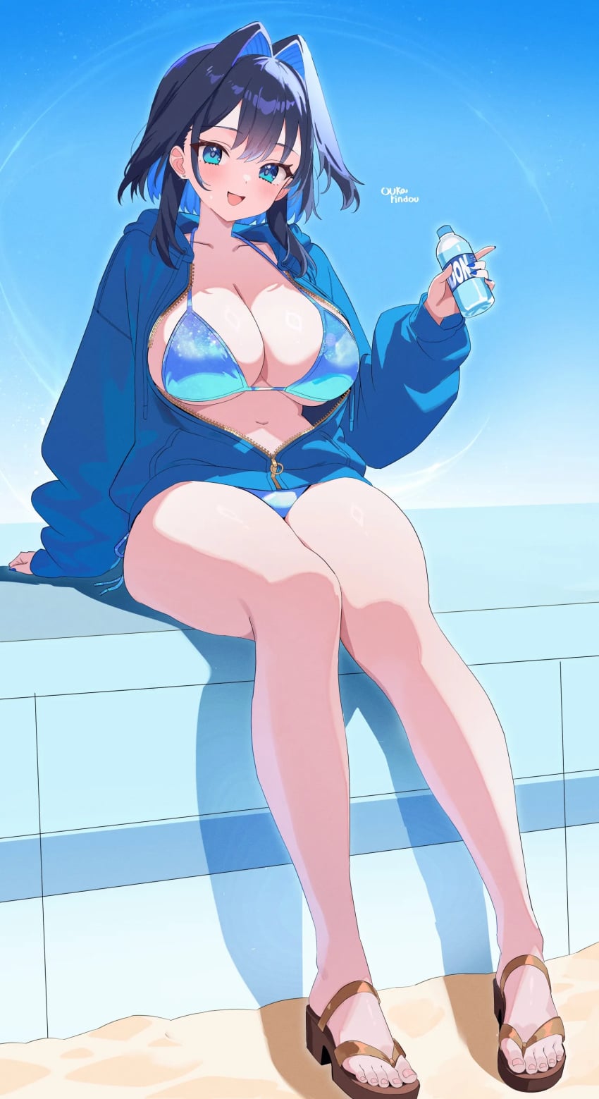 beach bikini drink hololive hololive_english o-rindou5100 ouro_kronii unzipped virtual_youtuber vtuber