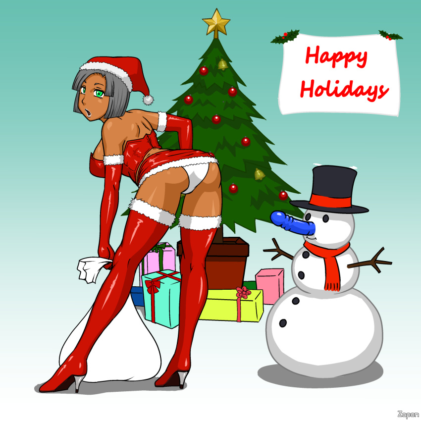 christmas dark-skinned_female dark_skin female holidays santa_costume short_gray_hair short_hair white_panties zapon