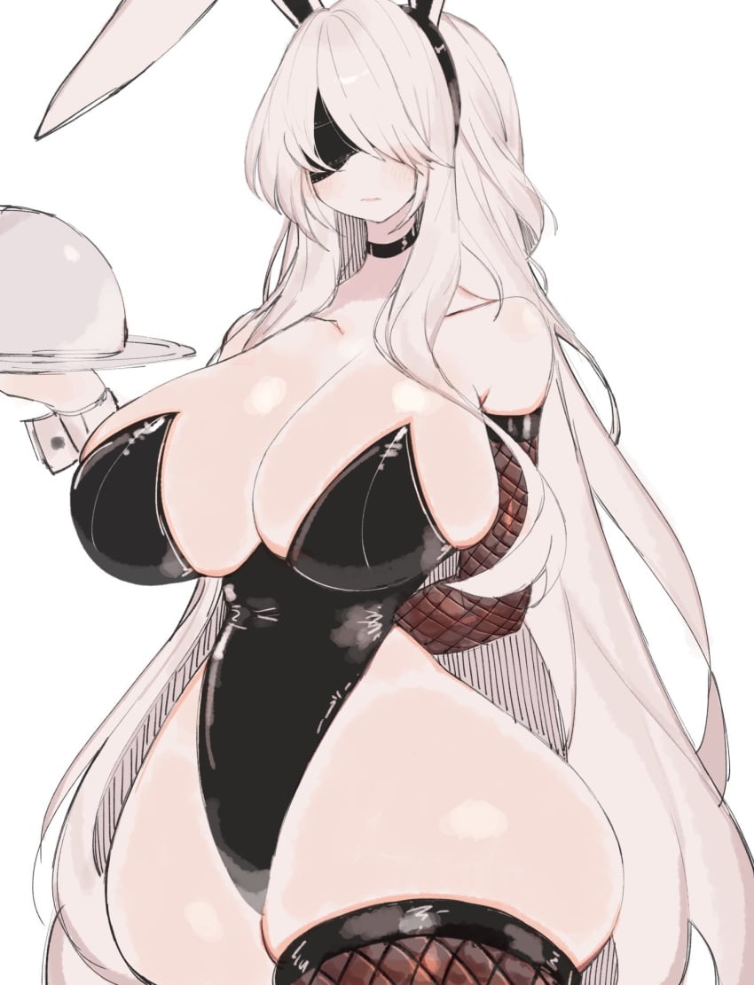 alternate_hairstyle blush bunny_girl bunnygirl cleavage curvy embarrassed fishnets gigantic_ass gigantic_breasts hourglass_figure hyper hyper_breasts hyper_hips long_hair nier:_automata serving_tray shy thick_hips thick_thighs thighhighs usa37107692 voluptuous wide_hips yorha_2b