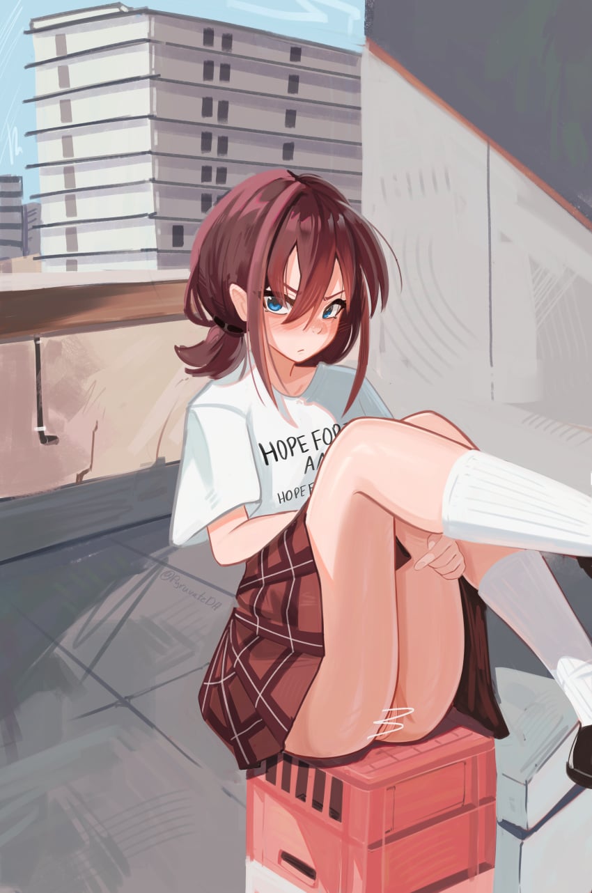 1girl absurdres balcony bar_censor blush brown_hair censored closed_mouth commentary english_commentary girls_band_cry hair_between_eyes highres iseri_nina knees_up low_twintails medium_hair no_panties plaid_clothes plaid_skirt pussy pyruvate red_skirt shirt short_twintails sitting skirt socks solo twintails white_shirt white_socks