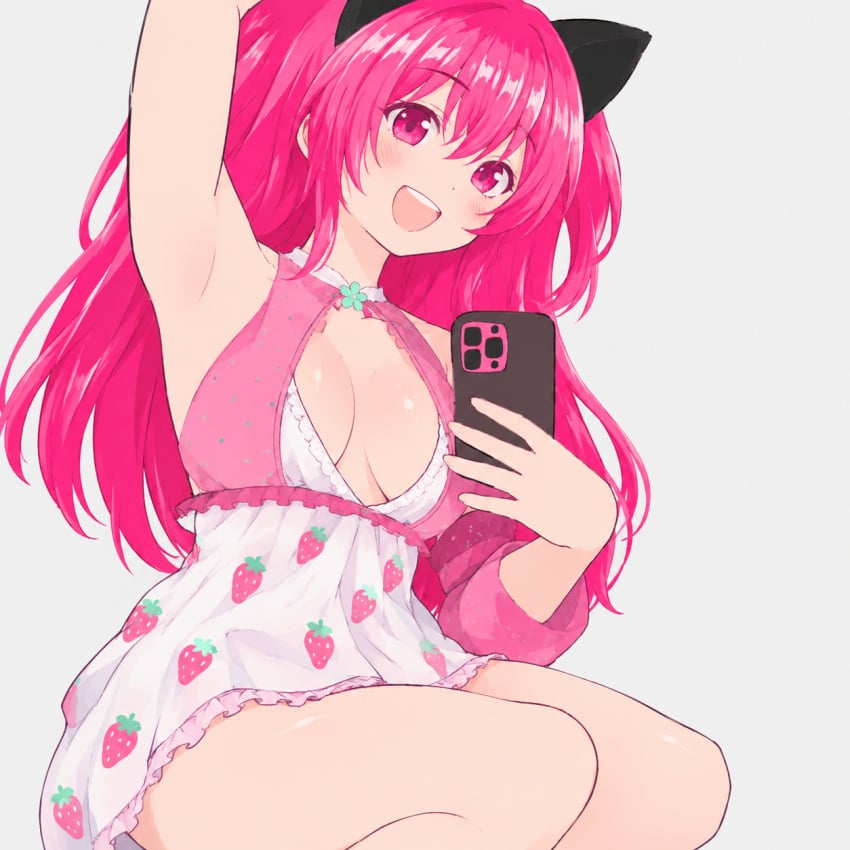 1girls ai_assisted armpit_crease armpits boob_window cat_girl female female_focus female_only human_focus human_only ichinyan_(character) lifting_arm pink_hair selfie smile_at_viewer solo solo_female