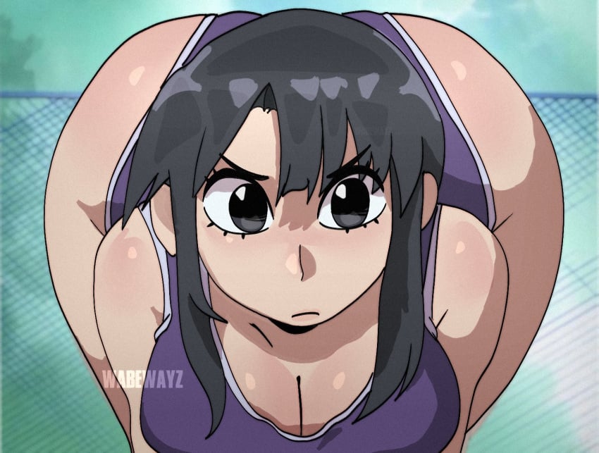 1girls azumanga_daiou breasts female female_focus female_only large_breasts light-skinned_female light_skin looking_at_viewer nyamo_minamo_kurosawa solo swimsuit thick_thighs thighs wabewayz wide_hips