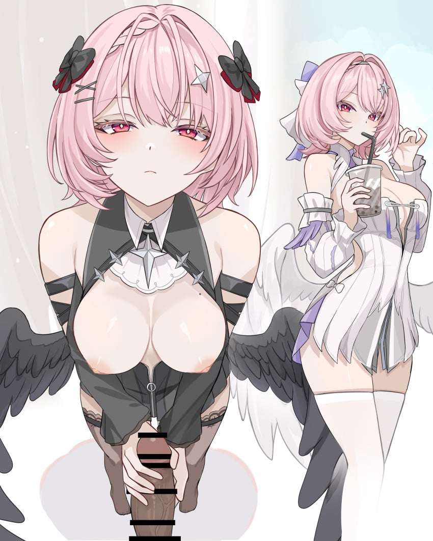 1boy 1girl bar_censor bare_shoulders black_bow black_dress black_wings blush bow braid breasts brown_thighhighs cleavage closed_mouth clothing cup dark-skinned_male dark_skin detached_sleeves disposable_cup dress drinking drinking_straw drinking_straw_in_mouth feathered_wings female hair_bow hair_intakes hair_ornament handjob hetero holding holding_cup holding_drink large_breasts legwear long_sleeves looking_at_viewer low_wings medium_breasts medium_hair multiple_views nipples penis pink_eyes pink_hair remielle_dan se34tai short_hair solo_focus standing thighhighs two-handed_handjob white_dress white_thighhighs white_wings wings x_hair_ornament zenless_zone_zero