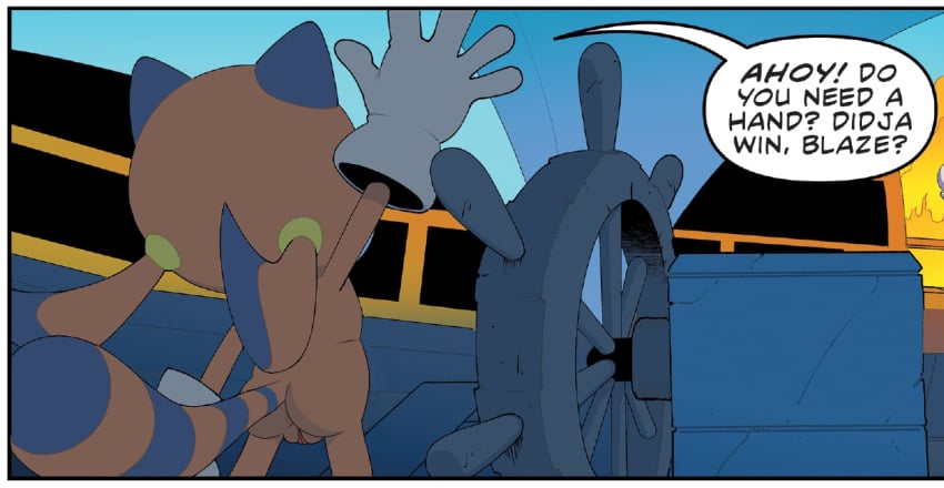 1girls accurate_art_style anus anus_peek ass back_view blaze_the_cat butt casual_nudity edit edited_official_artwork edited_screencap female_only genitals marine_the_raccoon naked nude official_style orange_body orange_fur pussy raccoon rear_view solo sonic_(series) sonic_the_hedgehog_(comics) sonic_the_hedgehog_(idw) sphincter tail vagina waving_hand young