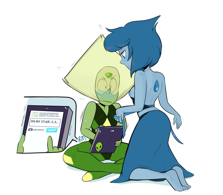 2girls blush breasts cartoon_network duo embarrassed exposing_chest female female_only from_behind funny gem_(species) happy_female lapidot lapis_lazuli_(steven_universe) looking_at_another multiple_girls nipples peridot_(steven_universe) presenting short_hair steven_universe twitter undressing villainess white_background yuri