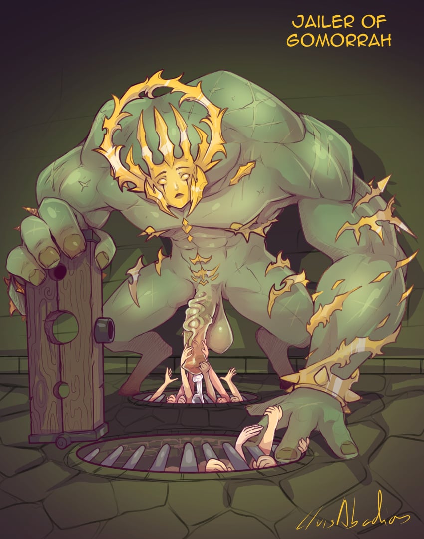 1boy 4_fingers abs artist_name artist_signature background_characters color colored cuffs detailed_background halo hand_holding handjob hooves huge_balls huge_cock huge_hands jail jail_cell larger_male lluisabadias male male_focus male_monster many_hands many_on_one mask masked masked_male milking_handjob milking_penis monster monster_boy monster_cock monsterfucker monsterfucking muscular_arms muscular_male muscular_monster muscular_thighs obliques original original_character pillory religion scars scars_all_over size_difference spikes spikes_(anatomy) teratophilia unguligrade veiny_penis watermark