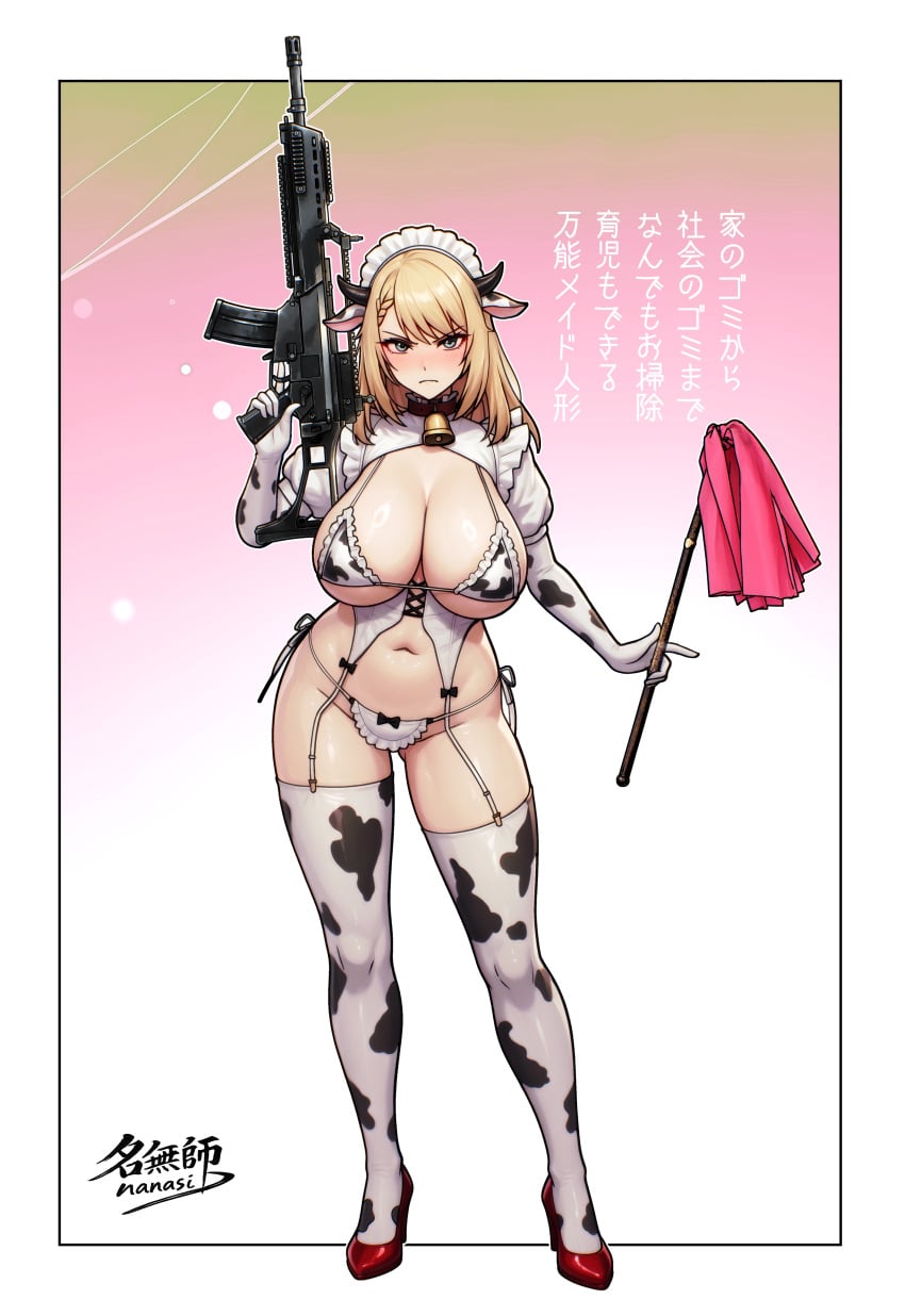 1girl absurdres alternate_breast_size angry angry_face animal_ear_hairband animal_ears animal_print artist_name assault_rifle bikini blonde_hair blush border breasts centaureissi_(girls'_frontline_2) cleavage closed_mouth cow_ear_hairband cow_ears cow_print cow_print_bikini cow_print_bra cow_print_shrug cow_print_thighhighs fake_animal_ears full_body g36_(girls'_frontline) girls'_frontline girls'_frontline_2:_exilium gradient_background green_eyes gun hairband high_heels highres holding holding_weapon japanese_text large_breasts looking_at_viewer maid_headdress medium_breasts meimushi print_bikini print_thighhighs rifle solo straight-on swimsuit thighhighs translation_request weapon white_border