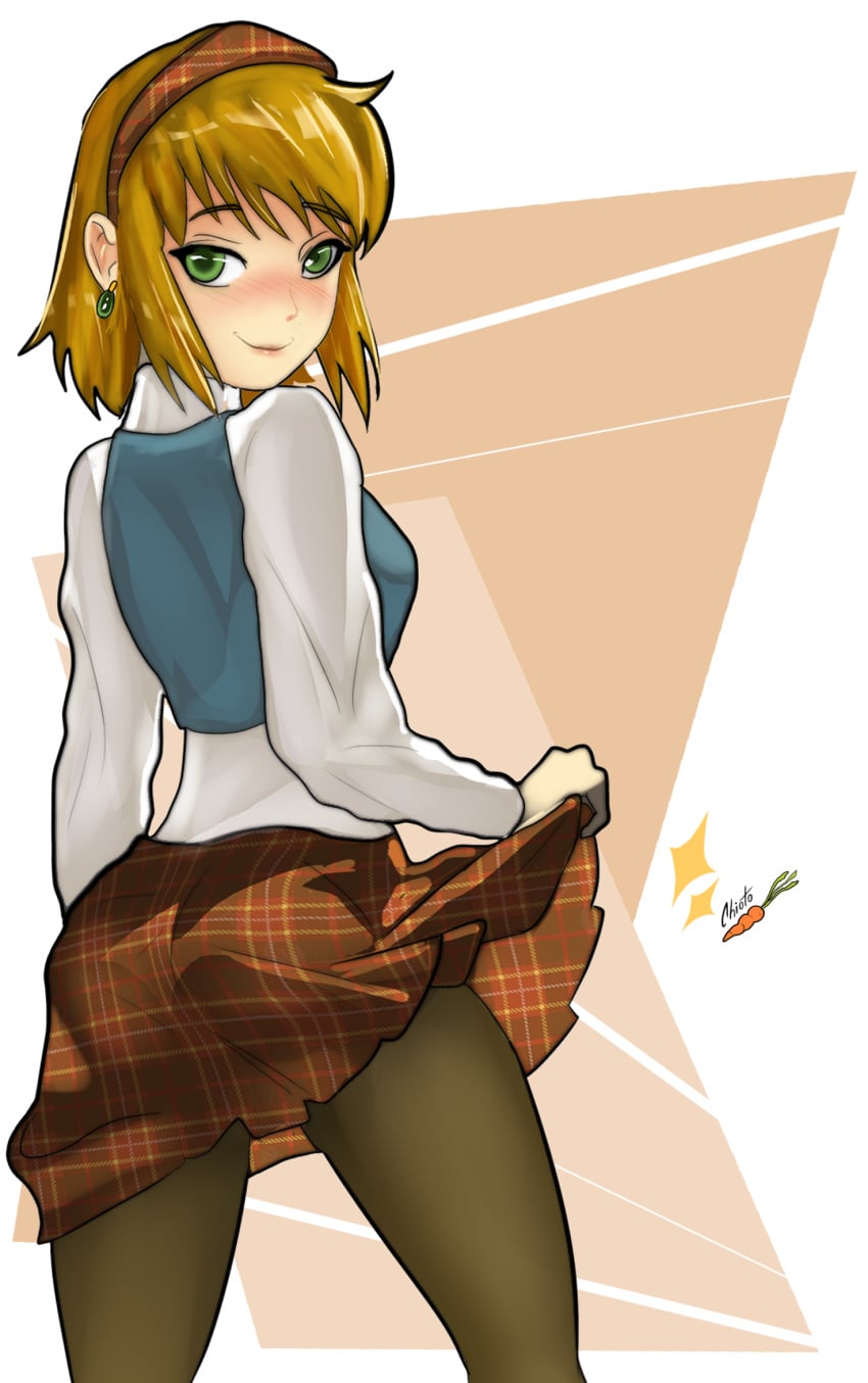 1girls blonde_hair blush chiotosaurio earrings green_eyes headband original original_character skirt skirt_up smile solo_female