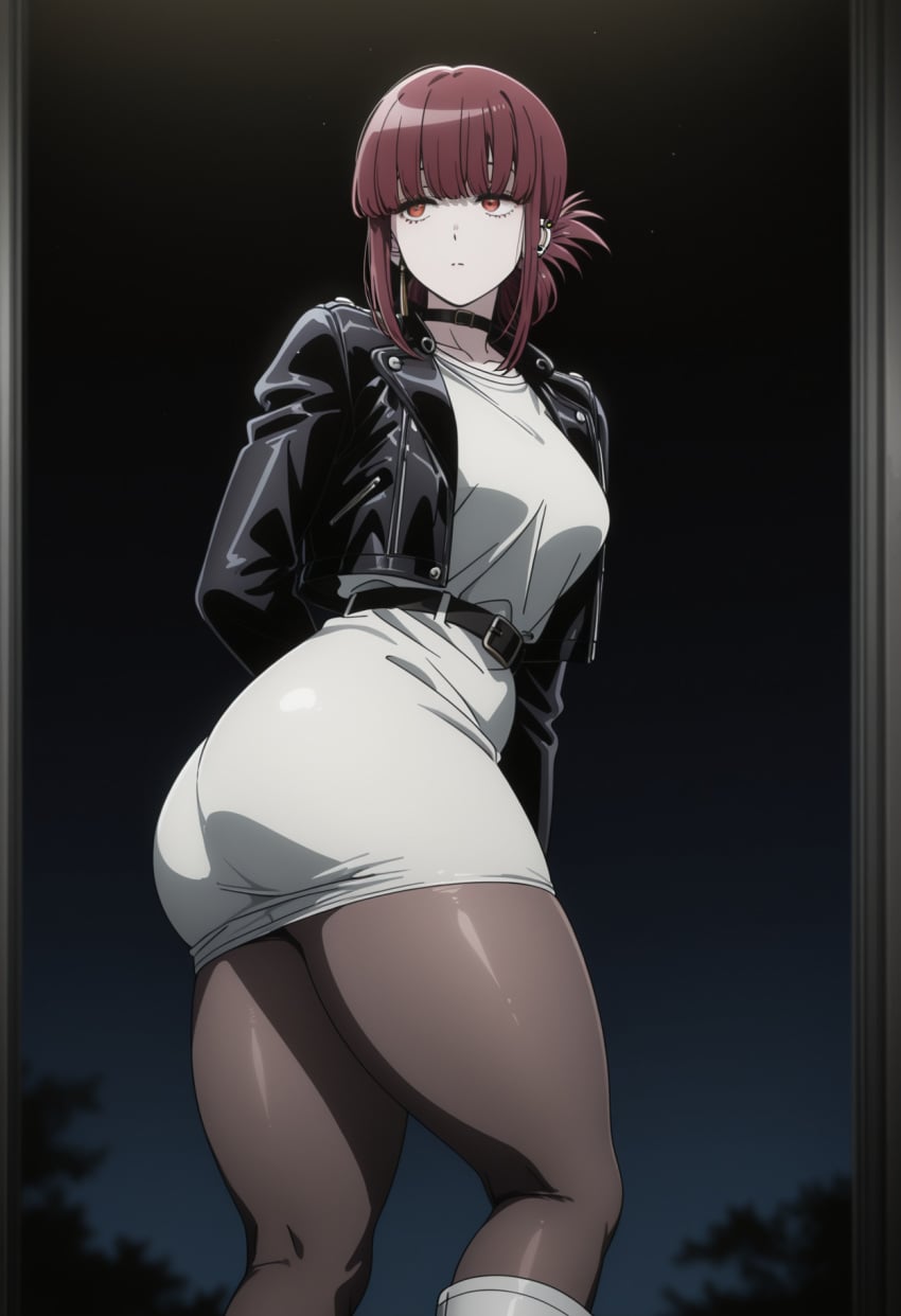 1girl ai_generated ass bangs black_legwear breasts curvy female hi_res high_resolution highres huge_ass huge_breasts jacket large_ass large_breasts miniskirt night pantyhose red_eyes red_hair skirt smoking smoking_cigarette super_no_ura_de_yani_suu_futari tayama_(super_no_ura_de_yani_suu_futari) thick_thighs white_dress white_skirt