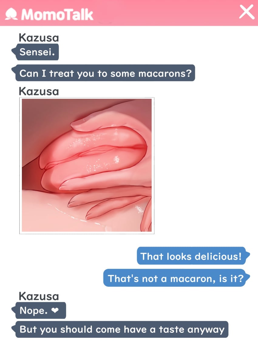1girl blue_archive chat_log commentary english_commentary english_text fingernails heart highres kazusa_(blue_archive) long_fingernails momotalk_(blue_archive) pussy pussy_sandwich rancidronin sexting shiny_skin sweat text_messaging uncensored x_mark