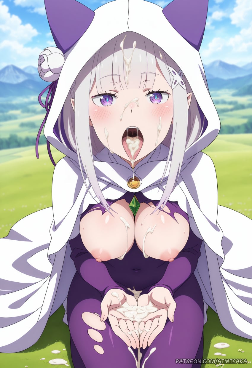 1girl after_fellatio ai_generated aimisaka animal_hood blue_sky blunt_bangs blush bodysuit braid breasts breasts_out bukkake cape cat_hood cloak cloud covered_navel cum cum_in_mouth cum_on_body cum_on_breasts cum_on_hair cum_on_hands cum_on_tongue cumdrip cupping_hands day elf emilia_(re:zero) facial field flower gem grass grey_hair hair_flower hair_ornament hair_ribbon hood hood_up hooded_cloak large_breasts long_hair looking_at_viewer medium_breasts mountain mountainous_horizon nipples open_mouth outdoors own_hands_together patreon_url patreon_username pointy_ears purple_eyes purple_ribbon re:zero_kara_hajimeru_isekai_seikatsu ribbon rose seiza sitting sky solo teeth tongue tongue_out torn_bodysuit torn_clothes upper_teeth_only watermark white_cloak white_flower white_hair white_rose x_hair_ornament