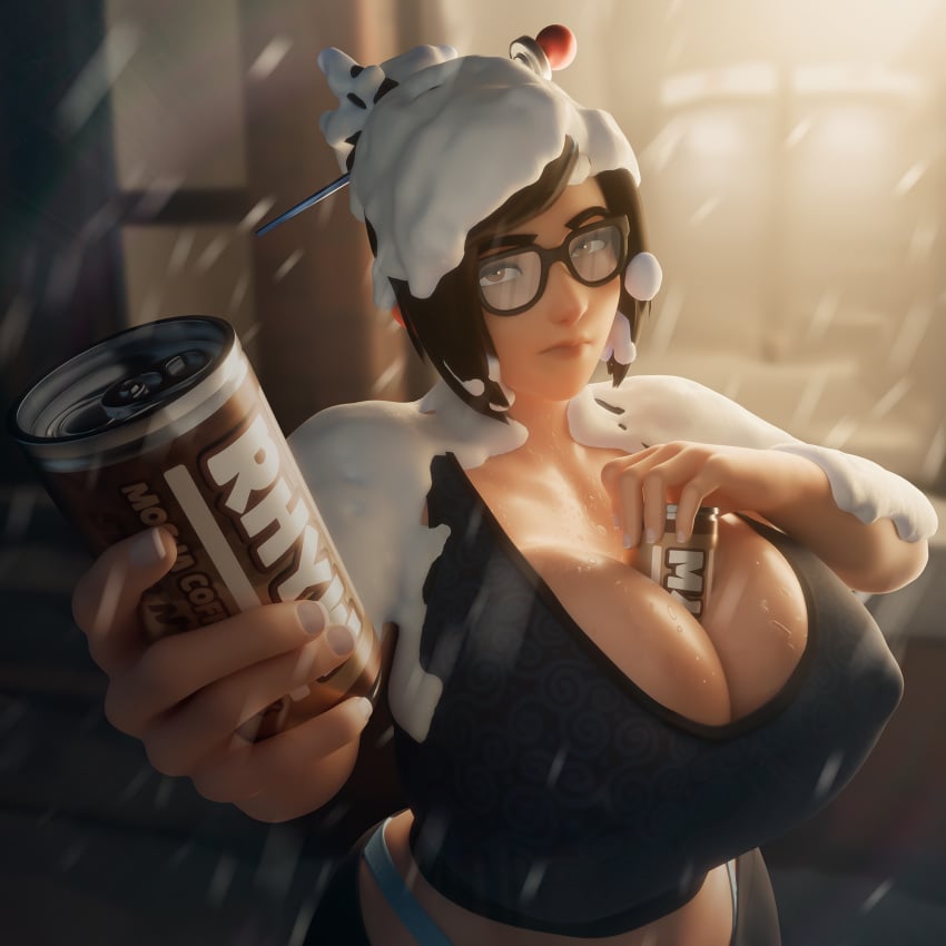 3d 3d_model 3d_render asian asian_female big_breasts boobs breast_storage breasts brown_hair can_between_breasts cleavage clothed clothed_female covered_in_snow glasses huge_breasts large_breasts massive_breasts mei_(overwatch) nipple_bulge object_between_breasts overwatch overwatch_2 rhywlad soda_can tits