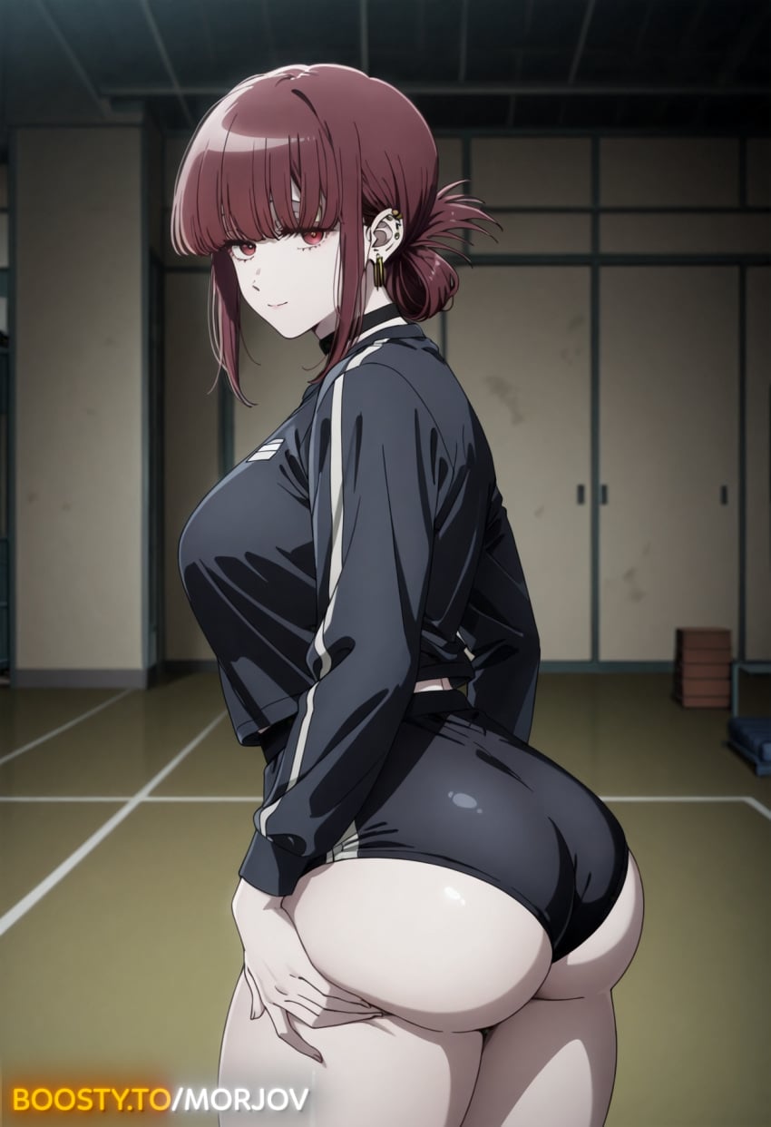 1girl ai_generated ass ass_focus bangs black_legwear black_sports_bra black_sports_shorts boosty breasts curvy female gym gym_clothes gym_clothing gym_shorts gym_uniform hi_res high_resolution highres huge_ass huge_breasts large_ass large_breasts night pantyhose red_eyes red_hair smoking smoking_cigarette super_no_ura_de_yani_suu_futari tayama_(super_no_ura_de_yani_suu_futari) thick_thighs