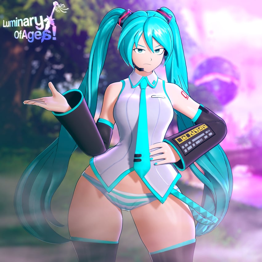 1girls female hatsune_miku looking_at_viewer luminaryofages panties partially_clothed solo thick_thighs thighs vocaloid