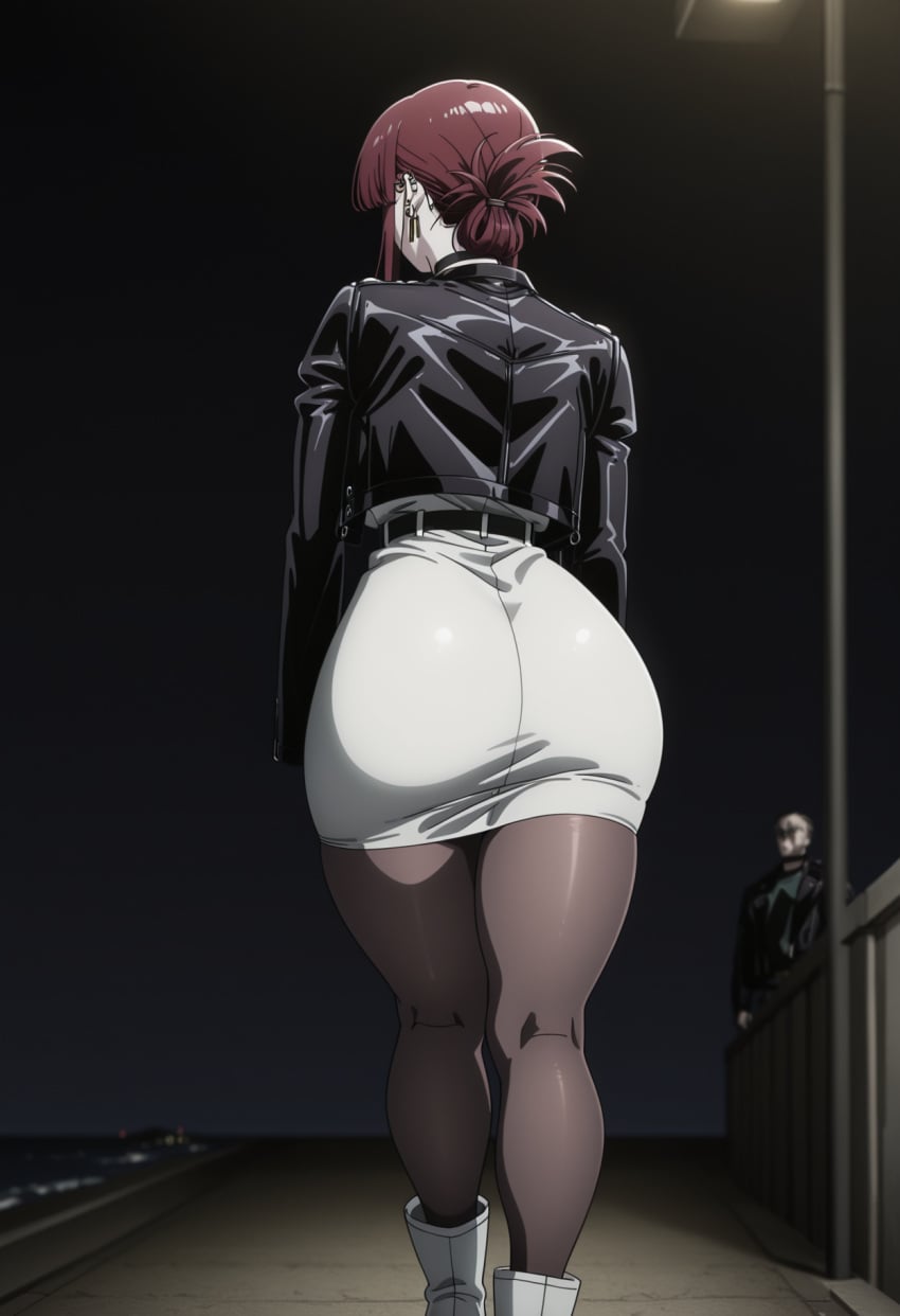 1girl ai_generated ass bangs black_legwear breasts curvy female hi_res high_resolution highres huge_ass huge_breasts jacket large_ass large_breasts miniskirt night pantyhose red_eyes red_hair skirt smoking smoking_cigarette super_no_ura_de_yani_suu_futari tayama_(super_no_ura_de_yani_suu_futari) thick_thighs white_dress white_skirt
