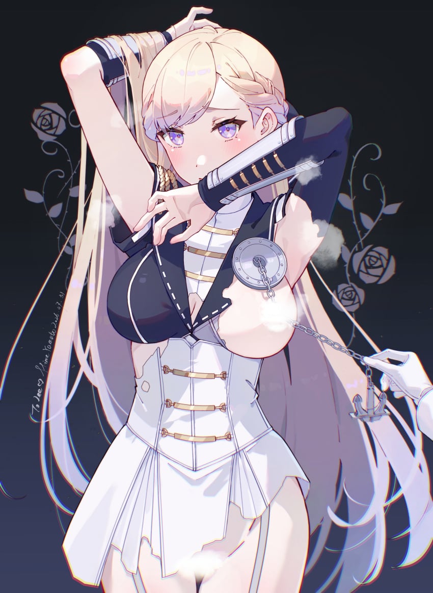 1girl 1other anchor_ornament arms_up asymmetrical_hair asymmetrical_sleeves bearn_(kancolle) blank_censor blonde_hair braid braided_bangs breasts censored chain commentary_request convenient_censoring cowboy_shot dress epaulettes gloves gradient_hair hand_in_own_hair highres himeyamato holding_ornament kantai_collection large_breasts long_hair long_sleeves looking_at_viewer multicolored_hair no_bra no_panties paid_reward_available purple_eyes shirt solo_focus steam steam_censor torn_clothes torn_dress very_long_hair white_dress white_gloves white_shirt
