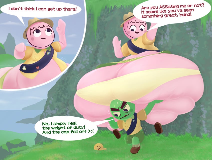 1boy 1girls ass carrying carrying_another dialogue english_text female female_focus green_body hat hips hyper hyper_ass large_ass larger_female looking_back male miniskirt panties peak_(videogame) pink_body pink_hair raygo008 scout_(peak) scout_uniform skirt smaller_male sweat sweatdrop sweating text text_bubble thick_thighs thighs underwear wide_hips