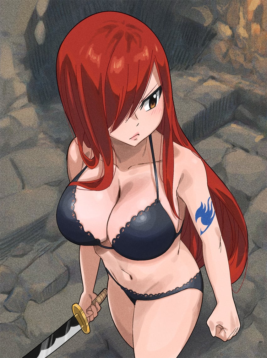 1girl arm_tattoo big_breasts black_bra black_panties blush blush_lines blushing bra breasts brown_eyes cleavage clenched_hand closed_mouth collarbone commentary english_commentary erza_scarlet fairy_tail fairy_tail_logo from_above gaston18 hair_over_one_eye highres holding holding_sword holding_weapon katana large_breasts long_hair navel panties red_hair sidelocks solo sword tattoo underwear underwear_only walking weapon