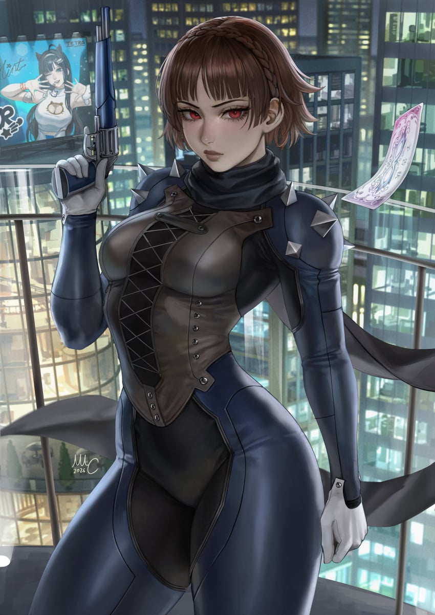 1girl 1girls brown_hair detailed_background goddess_of_victory:_nikke gun leather leather_clothing looking_at_viewer makoto_niijima mint_(nikke) mirco_cabbia persona_5 red_eyes revolver sciamano240 short_hair solo solo_female