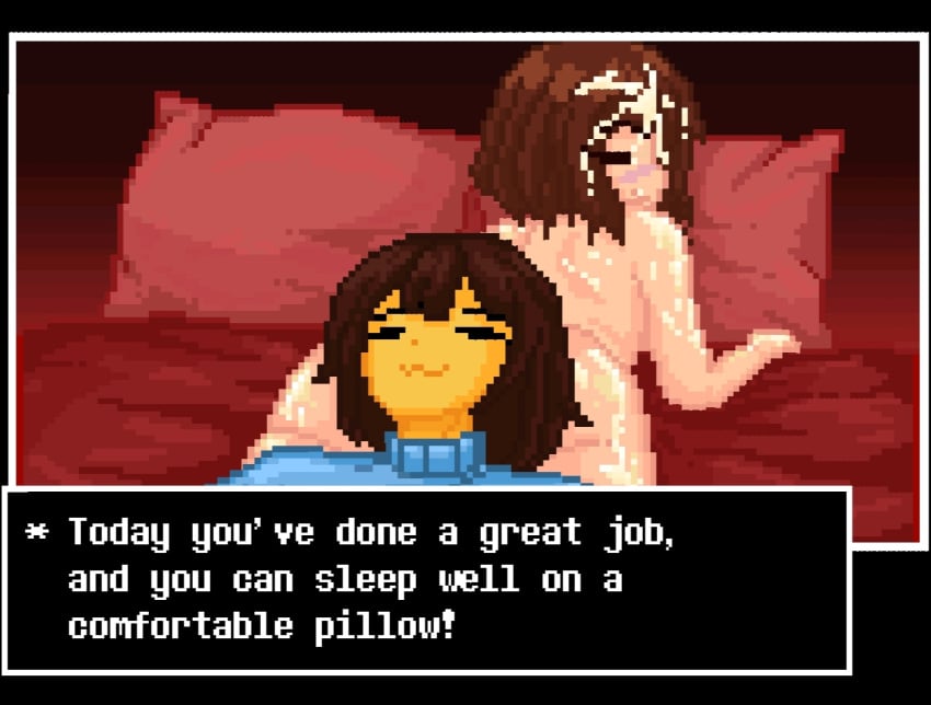 1girl1boy adulttale after_sex chara cum english_text female frisk laying_on_ass male male_frisk on_bed pixel_art straight undertale