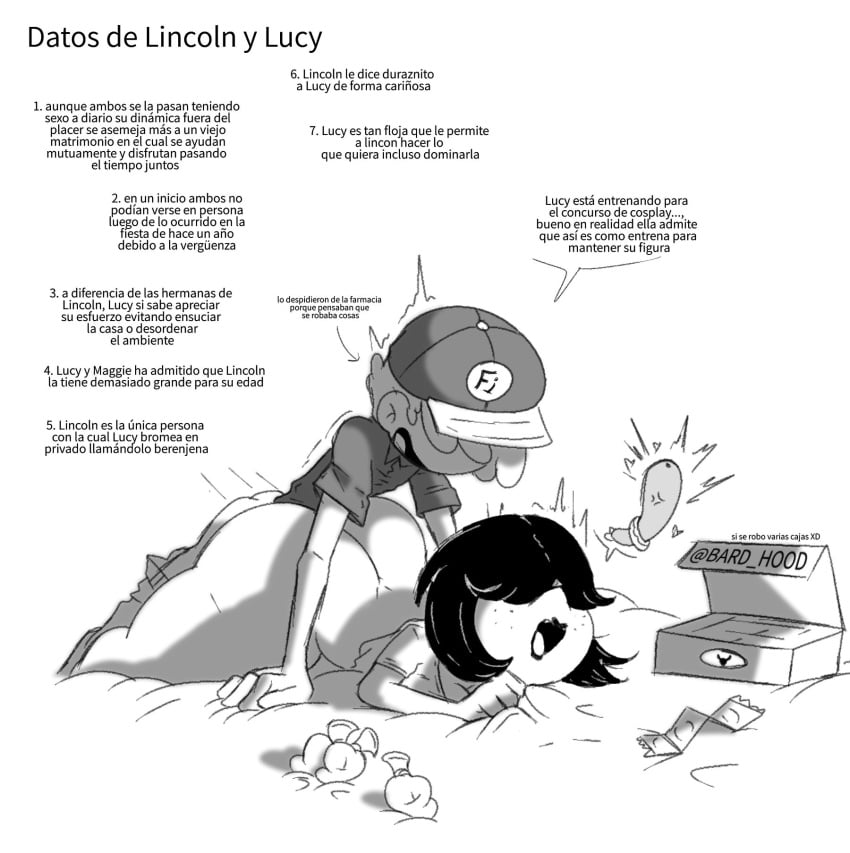 1boy 1girls aged_up aged_up_character bard_hood duo duo_focus eyeless_male facts from_behind from_behind_position incest lincoln_loud lucy_loud monochrome rogueartlove sex spanish_text straight straight_sex the_loud_house voluptuous_female
