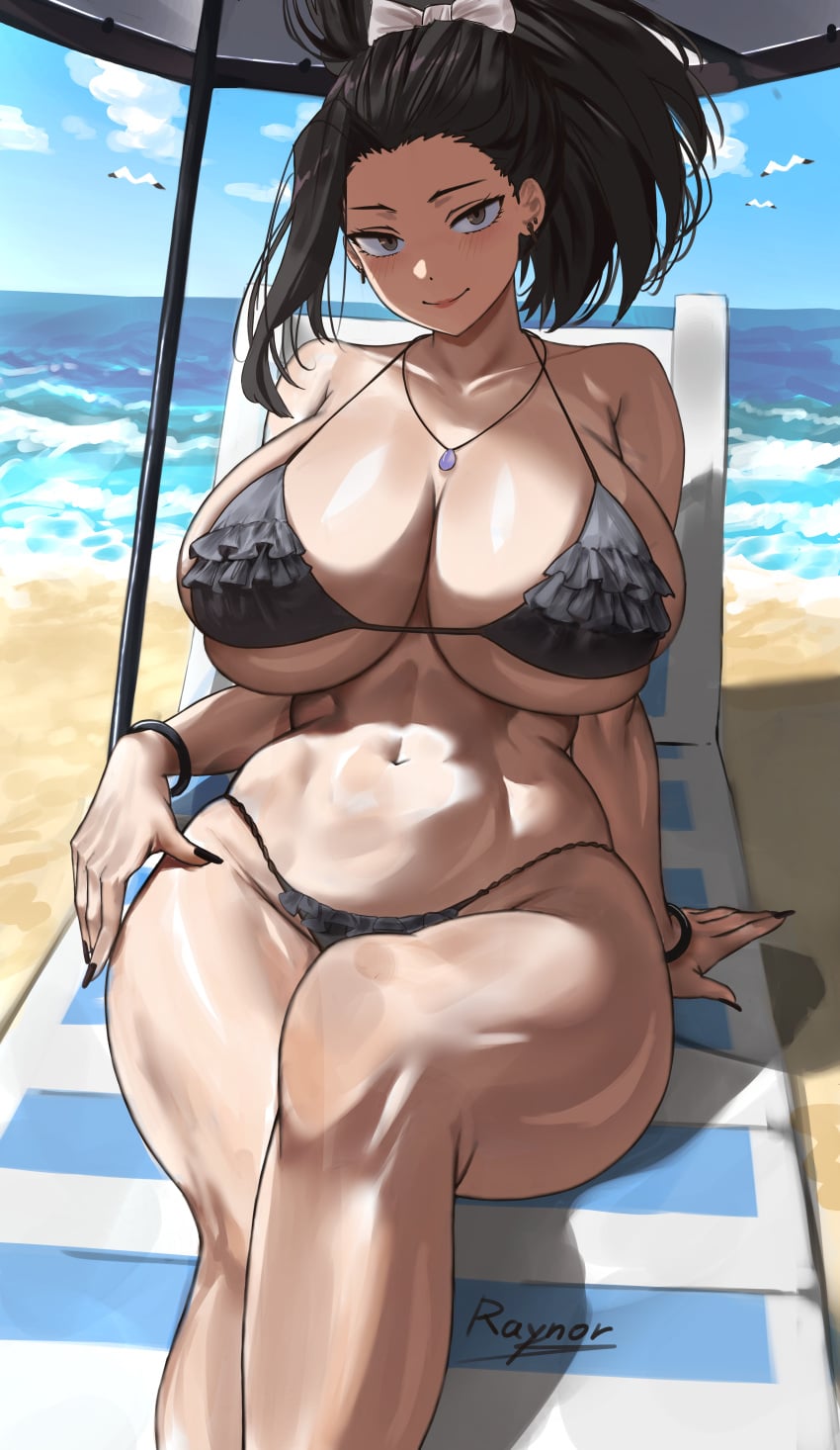 1girl abs absurdres bare_shoulders beach beach_umbrella bikini black_bikini black_hair blue_sky blush boku_no_hero_academia bracelet breasts chair cleavage collarbone commentary day grey_eyes hair_pulled_back highres huge_breasts jewelry long_hair looking_at_viewer lounge_chair navel necklace nuo_(fttv3255) ocean outdoors ponytail shore sitting sky smile solo swimsuit thighs umbrella water watermark yaoyorozu_momo