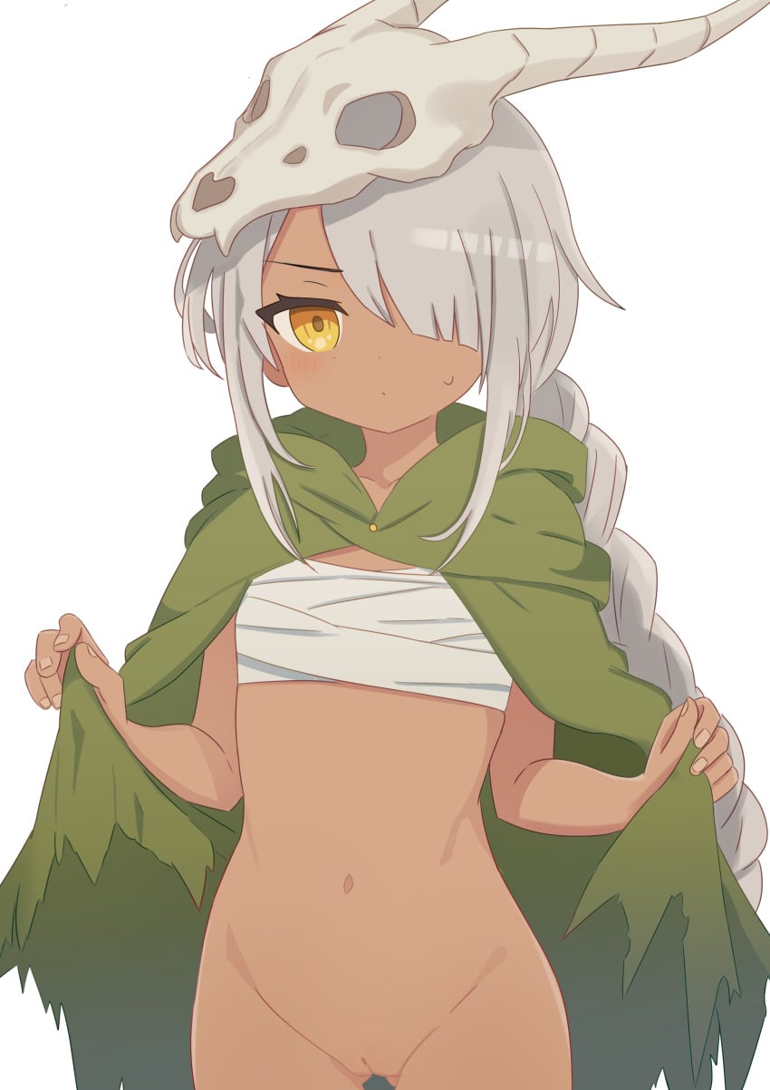 1girl absurdres black201_wav bottomless braid breasts chest_sarashi cloak cloak_lift commentary_request dark-skinned_female dark_skin green_cloak grey_hair hair_over_one_eye highres hood hood_down hooded_cloak long_hair looking_at_viewer naked_cloak navel pussy sarashi simple_background single_braid skull_on_head slay_the_spire small_breasts small_sweatdrop stomach the_silent_(slay_the_spire) torn_cloak torn_clothes uncensored white_background yellow_eyes