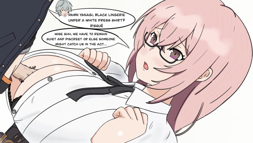 1boy 1girl black-framed_eyewear black_bra black_ribbon blush bra breasts breasts_squeezed_together button_gap center_opening clothed_sex collared_shirt english_text glasses hetero highres huge_breasts kneevirus_art long_hair neck_ribbon open_clothes open_mouth open_shirt paizuri partially_unbuttoned penis perpendicular_paizuri pink_eyes pink_hair ribbon shirt tsukishiro_yanagi underbust underwear white_shirt wise_(zenless_zone_zero) zenless_zone_zero