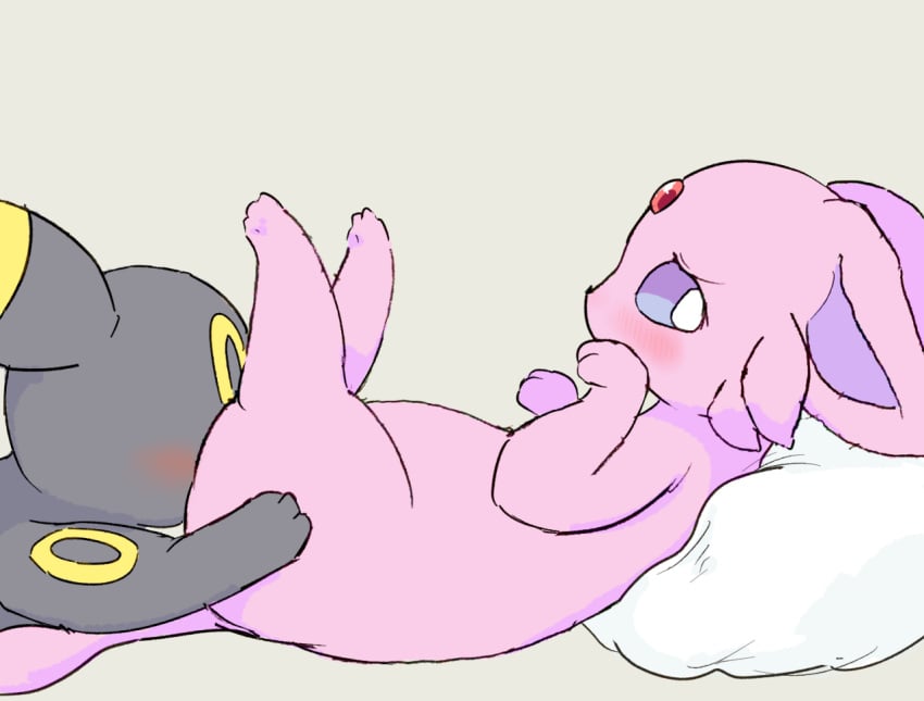 3sthrees ambiguous_gender black_fur blush canine eeveelution espeon feet feline furry grey_background hand_on_ass legs_up looking_at_viewer nintendo oral paws pillow pink_fur pokemon purple_eyes sex tail umbreon vaginal_penetration video_games