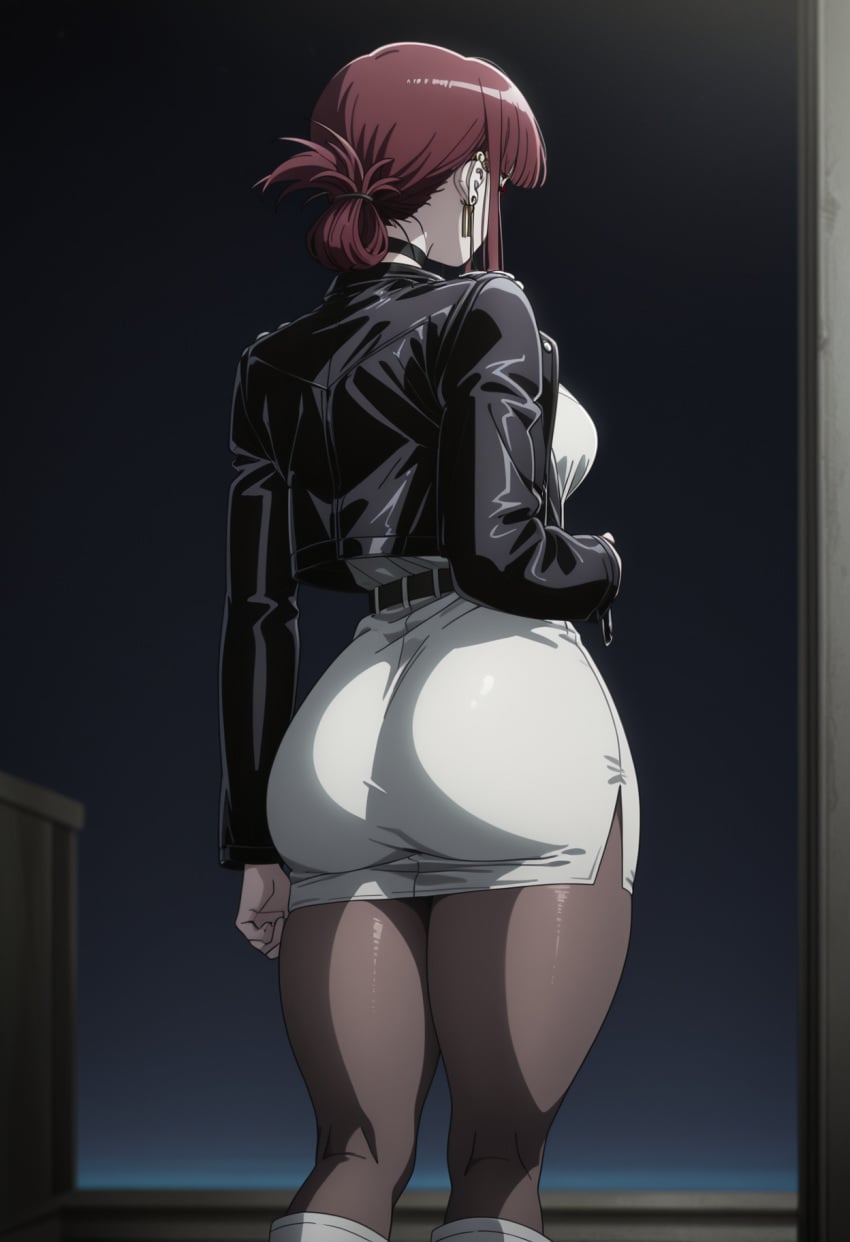 1girl ai_generated ass bangs black_legwear breasts curvy female hi_res high_resolution highres huge_ass huge_breasts jacket large_ass large_breasts miniskirt night pantyhose red_eyes red_hair skirt smoking smoking_cigarette super_no_ura_de_yani_suu_futari tayama_(super_no_ura_de_yani_suu_futari) thick_thighs white_dress white_skirt