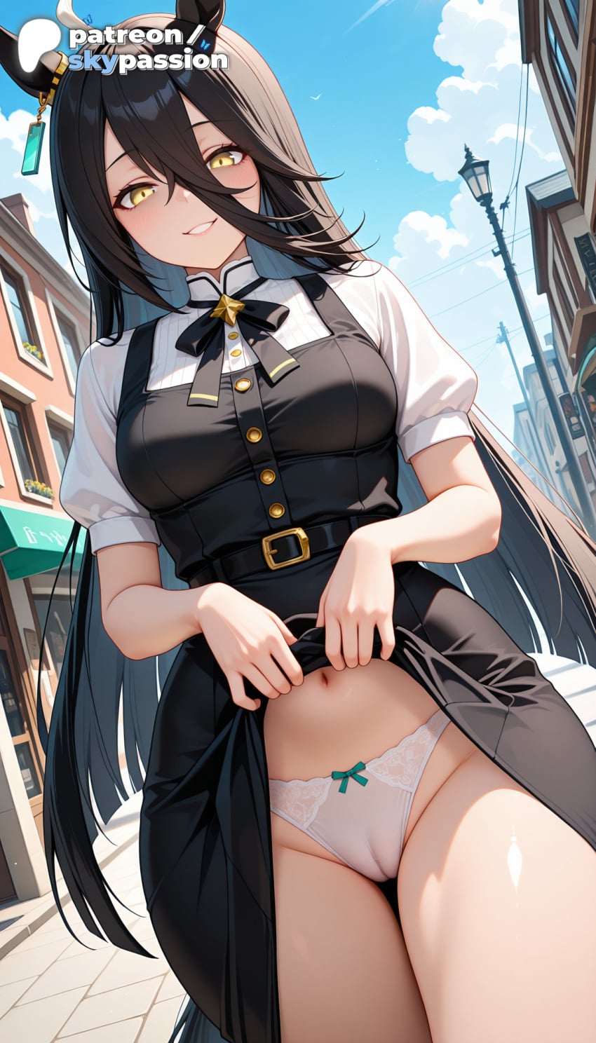 1girls 2026 ai_assisted ai_generated anime black_hair boobs breasts bust clothes_lift hi_res high_quality high_resolution highres lifted_by_self long_hair manhattan_cafe_(umamusume) navel panties patreon patreon_username skirt skirt_lift skypassion stable_diffusion tits umamusume umamusume_pretty_derby underwear watermark yellow_eyes