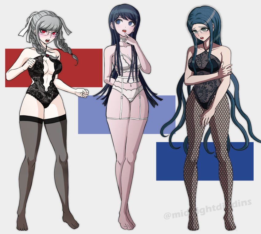 3girls belly_button black_lingerie blue_eyes blue_hair braided_hair cleavage danganronpa danganronpa:_trigger_happy_havoc danganronpa_2:_goodbye_despair danganronpa_v3 embarrassed exposed_cleavage finger_on_lip fishnet_legwear fishnet_pantyhose floral_pattern_lingerie glasses hair_accessory hair_ornament holding_arm large_breasts leggings looking_at_viewer looking_up maizono_sayaka middinos midnightdindins pekoyama_peko red_eyes shirogane_tsumugi stockings white_hair white_lingerie