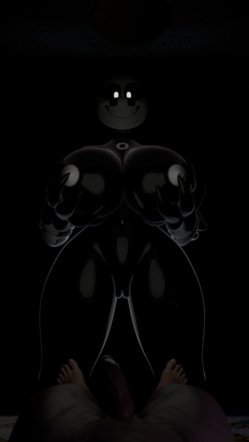 3d big_breasts black_body dark-skinned_female five_nights_at_freddy's five_nights_at_freddy's_4 holding_breast human looking_at_viewer looking_down monster monster_girl naked_male nightbotgrey nightmarionne pov smile smile_at_viewer straight thick_thighs