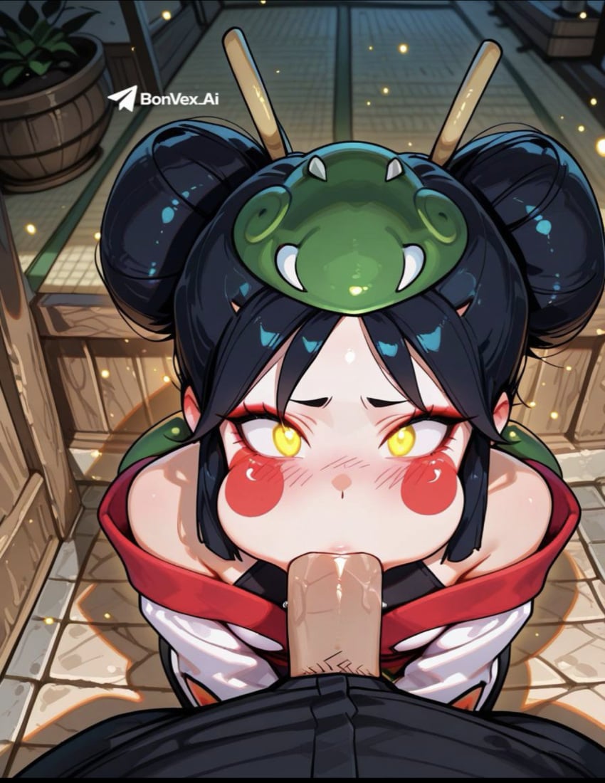 ai_assisted ai_generated blowjob blush brawl_stars cheek_bulge cum_out_nose explosion grabbing_head kaze_(brawl_stars) penis_inside_mouth pov shy