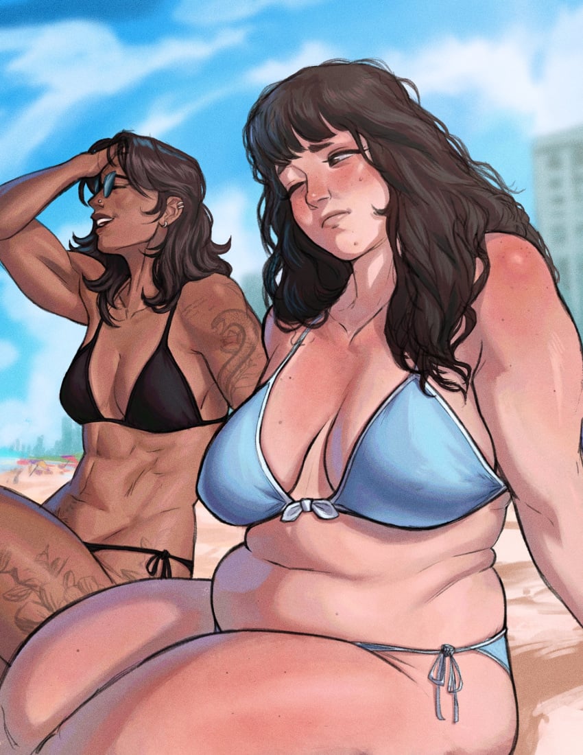 2girls abs alternate_version_available beach beach_background beautiful beautiful_girl belly belly_button belly_fat biceps big_breasts bikini bikini_bottom bikini_top black_bikini blue_bikini breasts brown_hair brown_hair_female brown_skin brown_skinned_female brunette brunette_hair chubby chubby_belly chubby_female chubby_thighs dark_skin dark_skinned_female different_breast_sizes different_size duo duo_female duo_focus ear_piercing eyes_closed fat fat_belly fat_female fat_rolls fat_thighs female female_only fit fit_female happy happy_female hip_tattoo hips jimcheaseburger large_breasts leg_tattoo light_skin light_skinned_female messy_hair mole mole_on_breast muscular muscular_female natural_breasts navel nipple_bulge nonsexual nose_piercing one_eye_closed overweight overweight_female piercing piercings pretty pretty_face pretty_girl sagging_breasts sand sitting sitting_on_sand string_bikini sunbathing sunburn sunglasses swimsuit swimwear tattoo tattoo_on_arm tattoo_on_hips tattoo_on_legs tattooed_arm tattoos thick_thighs thighs toned toned_body toned_female toned_stomach unbothered voluptuous voluptuous_female