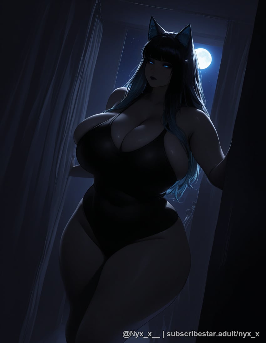 1girl ai_generated animal_ears backlighting bare_shoulders black_hair black_one-piece_swimsuit blue_eyes blunt_bangs breasts bursting_breasts cleavage closed_mouth curtains curvy doorway full_moon glowing glowing_eyes gradient_hair huge_breasts long_hair looking_at_viewer moon moonlight multicolored_hair night night_sky nyx_x one-piece_swimsuit open_door opening_door plump pov_doorway sensitive skindentation sky solo swimsuit thick_thighs thighs twitter_username undersized_clothes wide_hips