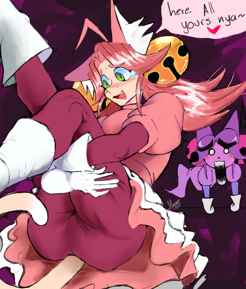 2026 2d 2girls arms_around_legs boots cat_ears cat_tail catgirl deltarune gloves green_eyes irritable_ghost_(deltarune) pink_(deltarune) pink_dress pink_hair presenting tagme