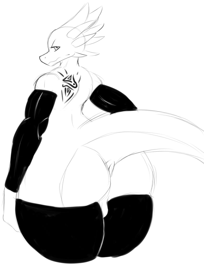 1boy 2016 anthro anus ass backsack balls big_ass big_butt buru_(jaynatorburudragon) dragon huge_ass huge_butt jaynatorburudragon male male_only monochrome plain_background solo tattoo thick_thighs thighhighs wide_hips