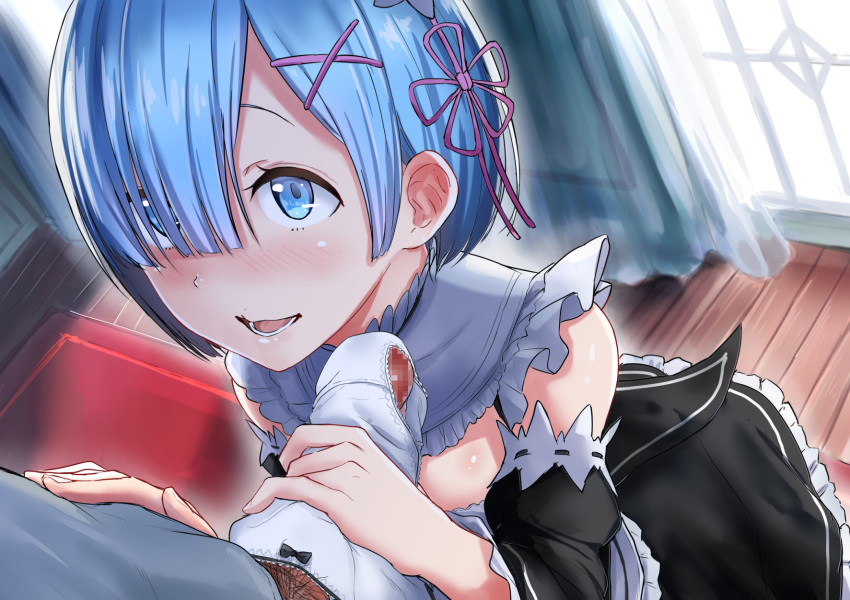 1boy 1girls 2d aoi_tiduru aqua_eyes aqua_hair blue_eyes blue_hair blush censored eyes_visible_through_hair female hair_between_eyes handjob light-skinned_female maid maid_uniform male open_mouth panties pantyjob penis re:zero_kara_hajimeru_isekai_seikatsu rem_(re:zero) solo_focus x_hair_ornament