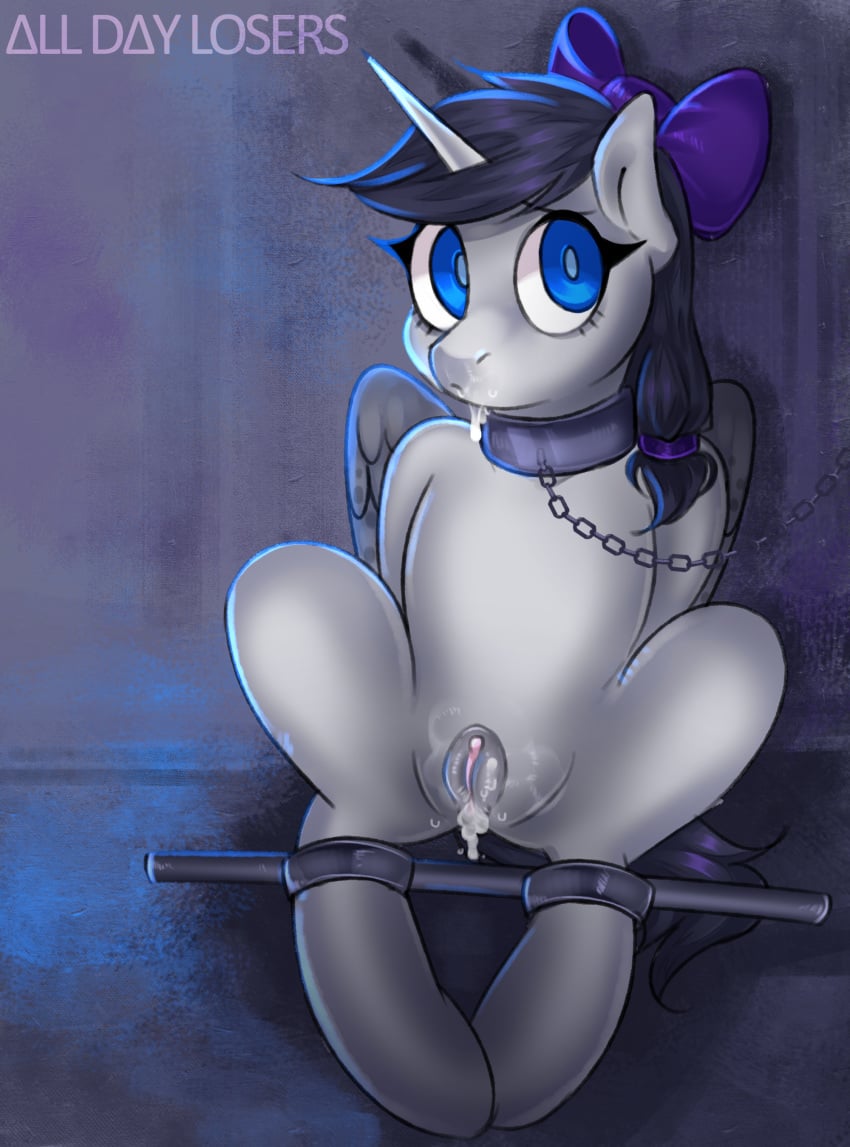 after_sex alicorn bondage bound bow bukkake collar cum cum_in_pussy cum_inside equine fan_character female friendship_is_magic horn horse leash looking_at_viewer mammal my_little_pony pony prismwind pussy spreader_bar wings