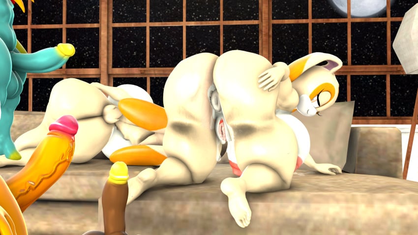 3d 5_fingers anthro anus ass blueapple chao_(sonic) cheese_the_chao chocola_the_chao closed_eyes cream_the_rabbit feet female fingers long_ears lying male male/female orange_body penis pussy rabbit sex sonic_(series) tails tan_body vaginal_penetration vanilla_the_rabbit white_body